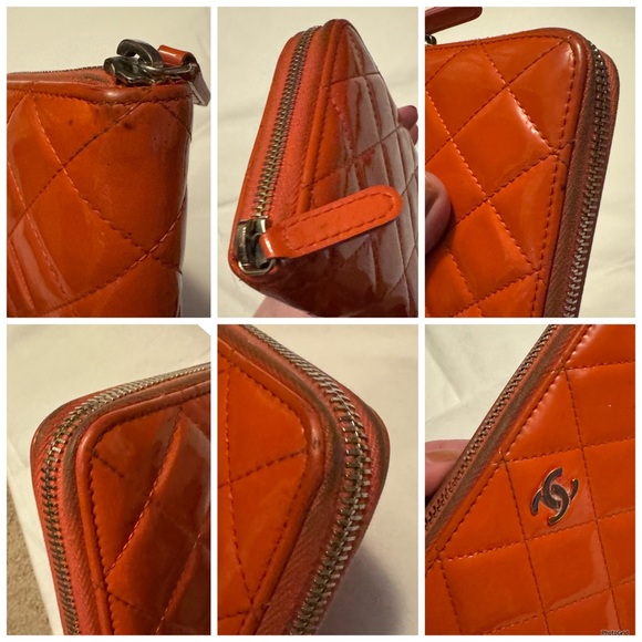 AUTHENTIC CHANEL Coral Orange Matelasse Patent Interlocking C CC Quilted Wallet - Picture 9 of 16